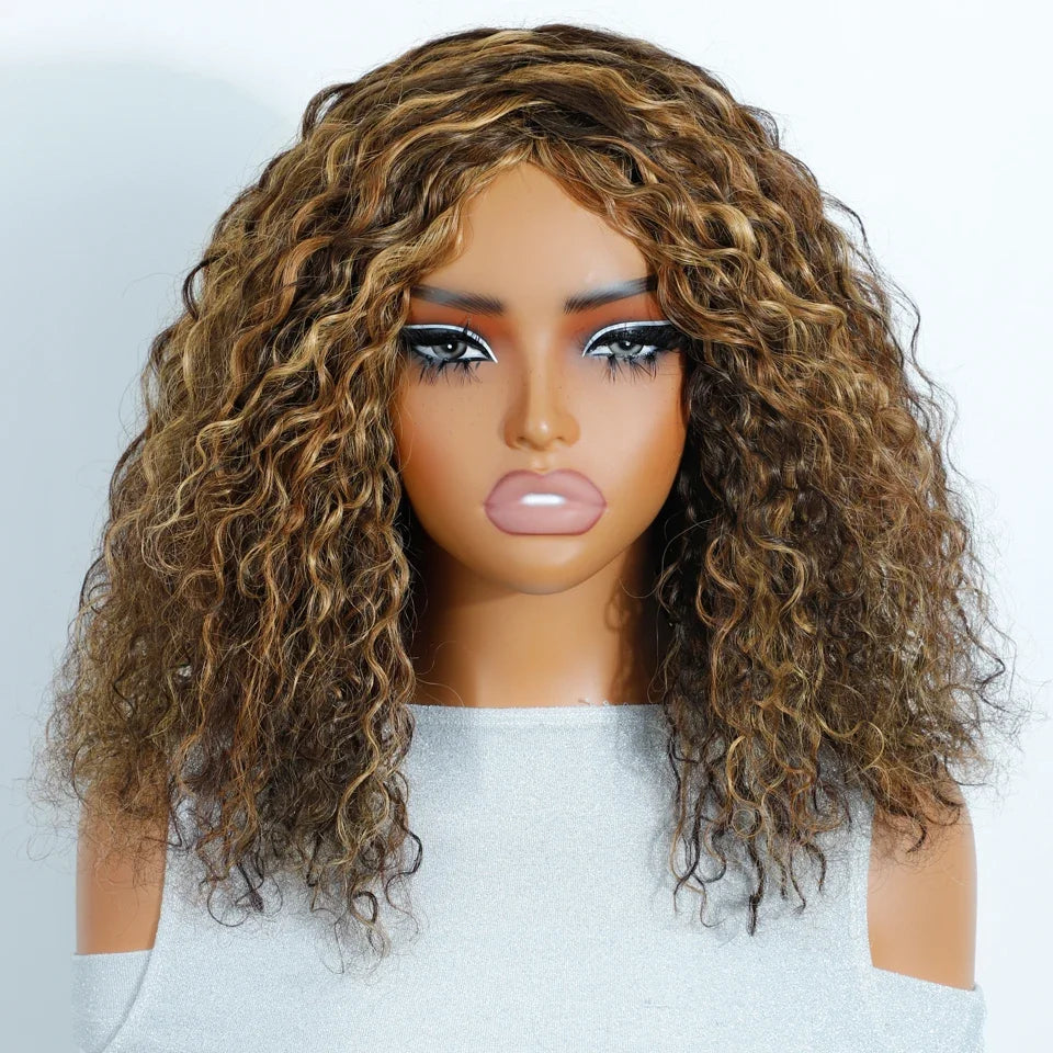 Ombre Honey Brown Curly Wig Long Curly Wave Wigs Glueless 100% Human Hair Wig Natural Cosplay Party Wear and Go Remy Hair