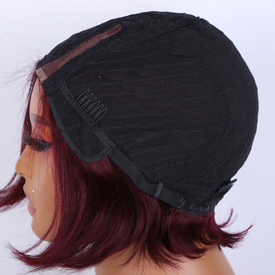 99J Burgendy Short Bob Side Part Straight Bob Human Hair Wig Straight Short Bob Wig Straight Human Hair Wig Wear And Go Glueless