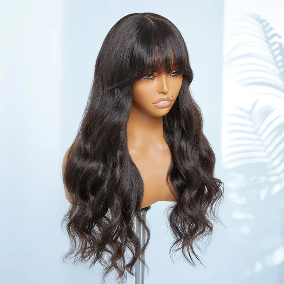 180D 18-24inch Body Wave Human Hair Wigs With Bangs Middle Part Lace Wig For Women Remy Body Wave Wig With Bangs Natural Color
