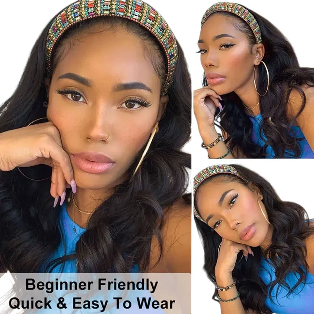 RitzWigs long black body wave human hair headband wig worn by a woman with a colourful beaded headband