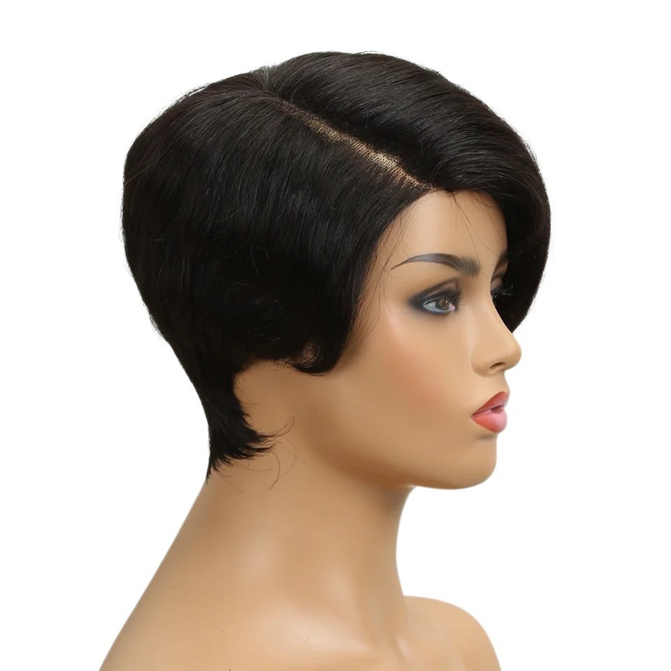 RitzWigs black straight pixie cut human hair wig with a side part and transparent lace base on a mannequin head.