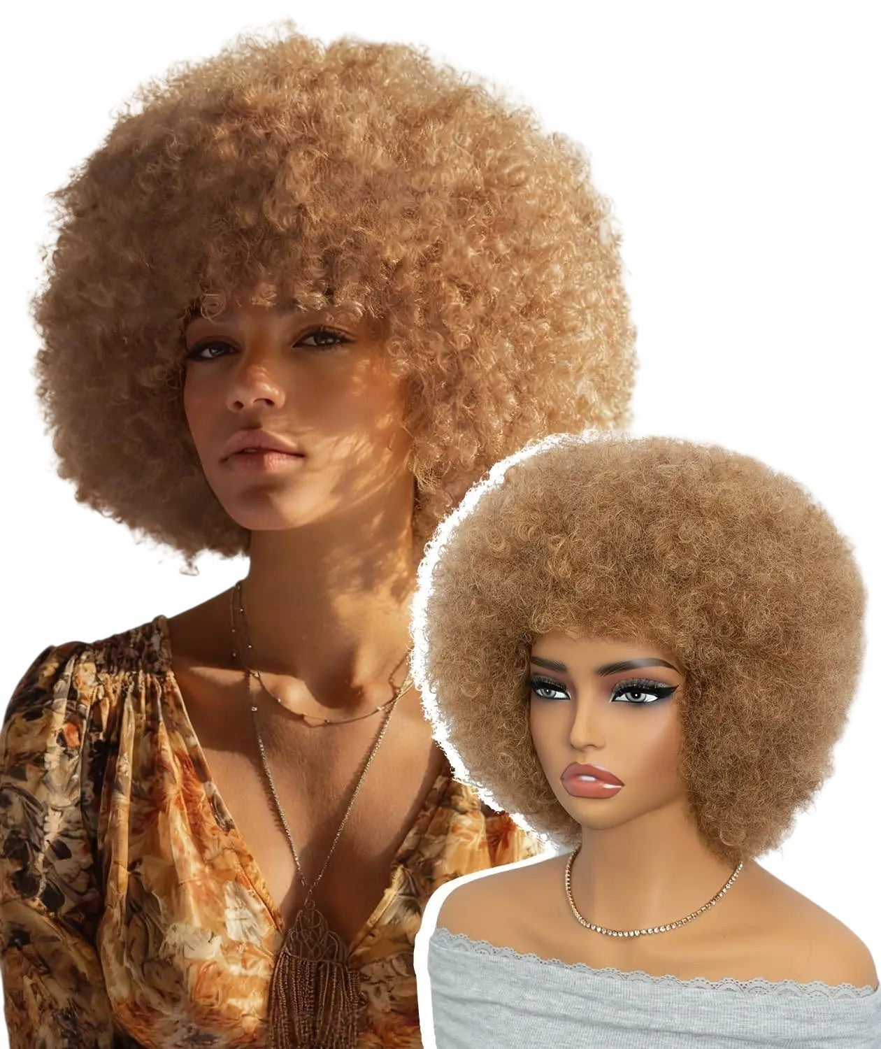 RitzWigs blonde kinky curly afro human hair wig with bangs on a model and a mannequin head