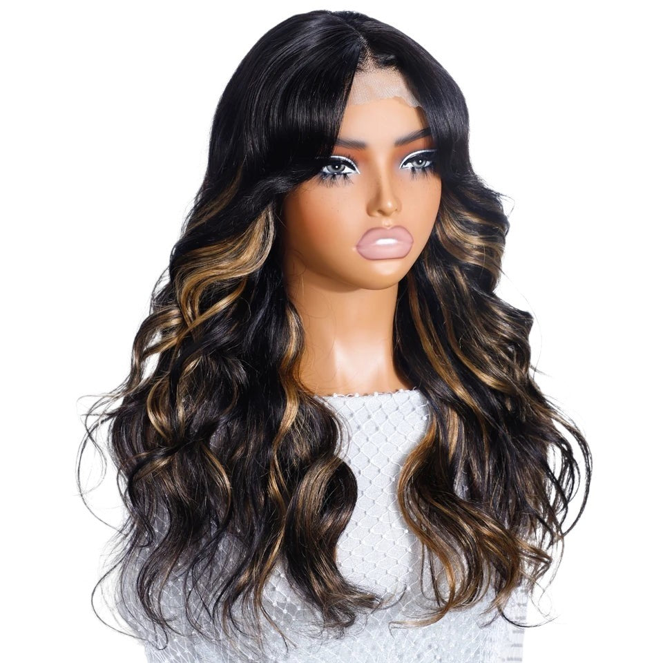 RitzWigs body wave human hair lace front wig with dark brown and honey blonde highlights on a mannequin head