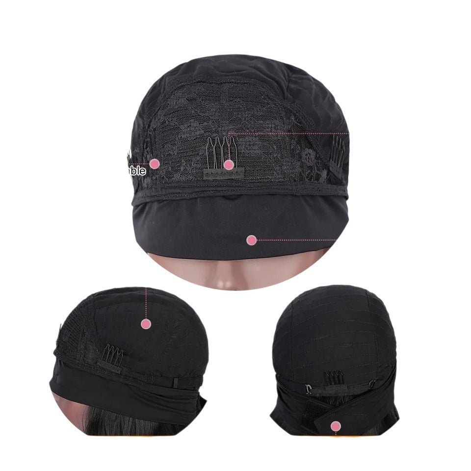 RitzWigs headband wig cap construction showing breathable elastic net, four secure clips, and a soft elastic headband.