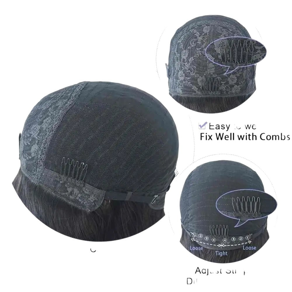 RitzWigs black human hair pixie wig showing the elastic lace cap construction with adjustable straps and secure combs