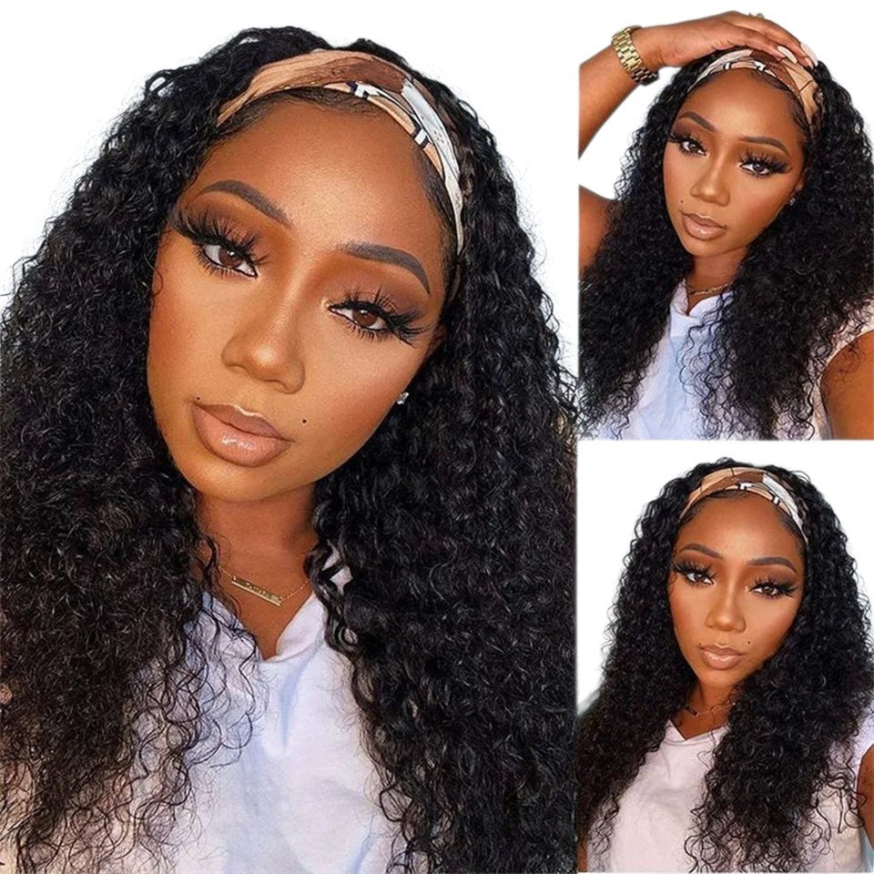 RitzWigs jerry curly human hair headband wig with natural black texture worn by a woman with a patterned headband
