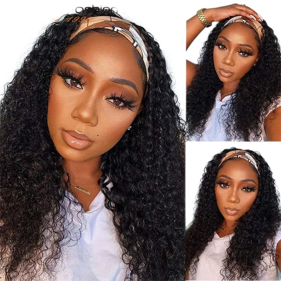 RitzWigs kinky curly Peruvian human hair headband wig with a patterned headband worn by a woman