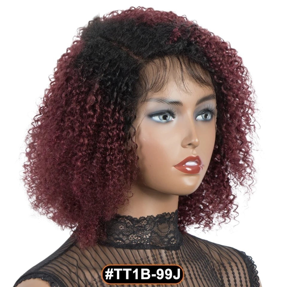 RitzWigs ombre black and burgundy kinky curly human hair lace front bob wig on a mannequin head