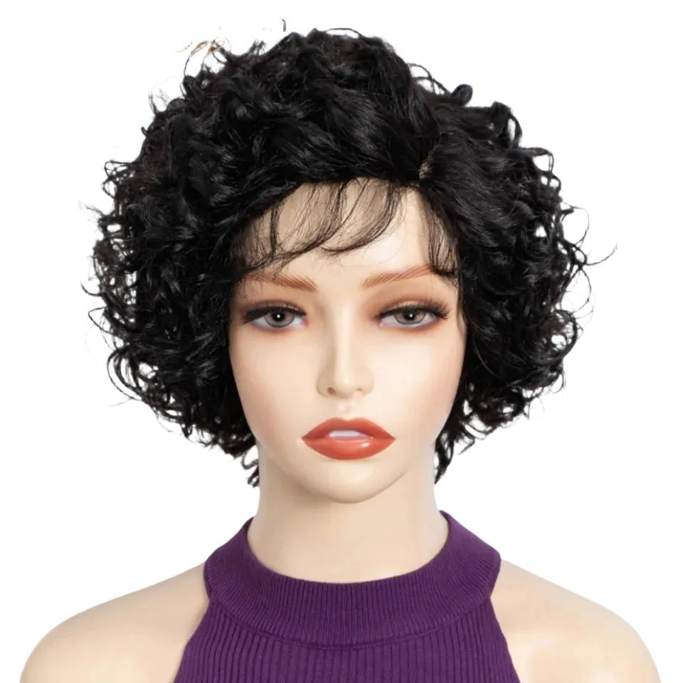 RitzWigs short black body wave bob human hair wig on a mannequin head with natural lace front
