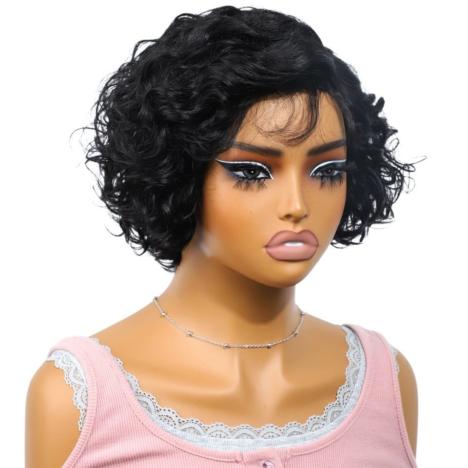 RitzWigs short black wavy pixie cut human hair lace wig with baby hair on a mannequin head