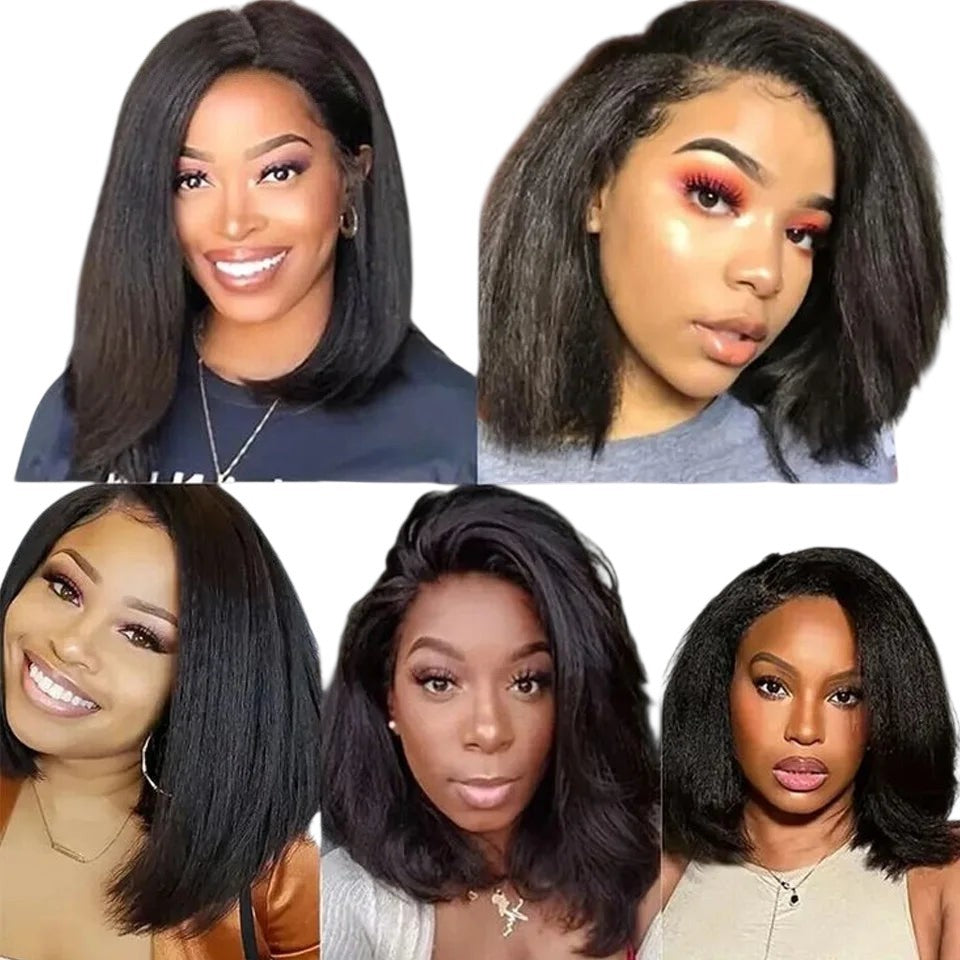 RitzWigs short kinky straight bob human hair lace wig with natural black colour and pre-plucked hairline on models