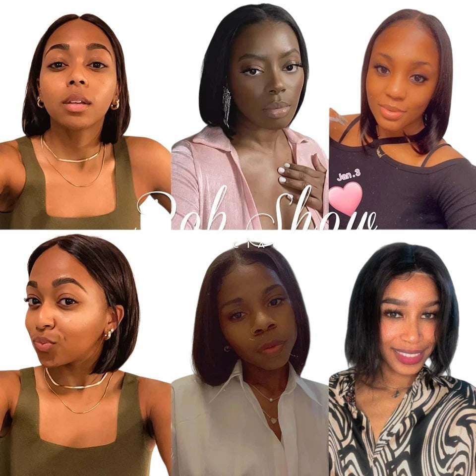 RitzWigs collage showing diverse women wearing short straight black Brazilian human hair bob wigs with lace parts
