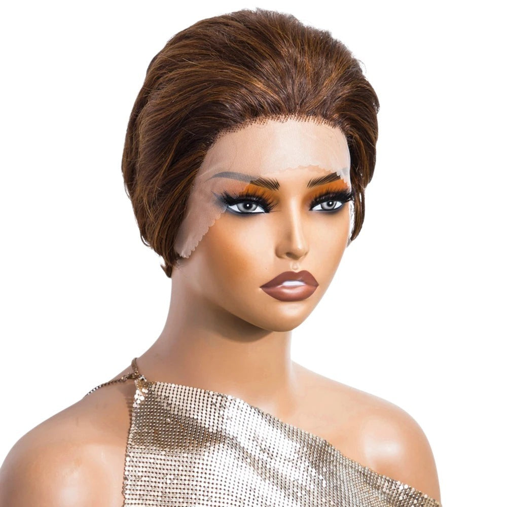 RitzWigs short straight pixie cut human hair lace front wig on a mannequin head
