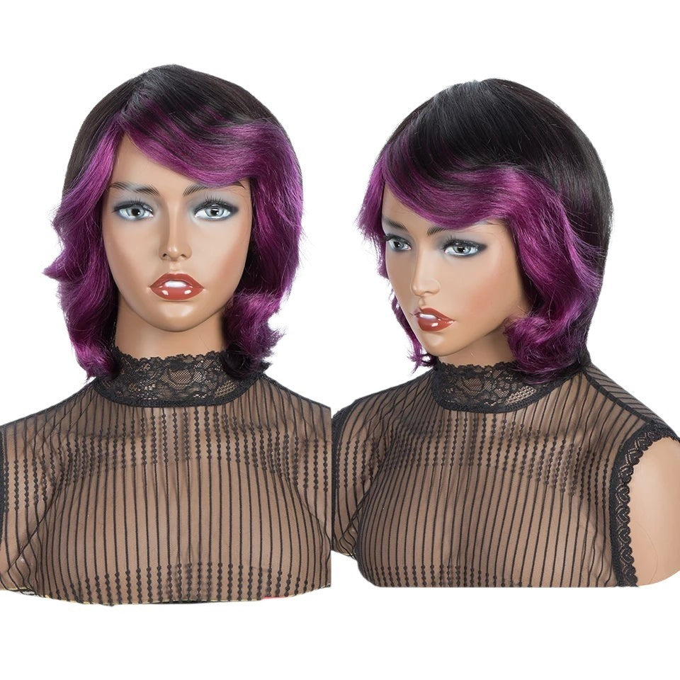 RitzWigs short wavy Brazilian human hair wig in black with purple skunk stripe highlights on a mannequin head