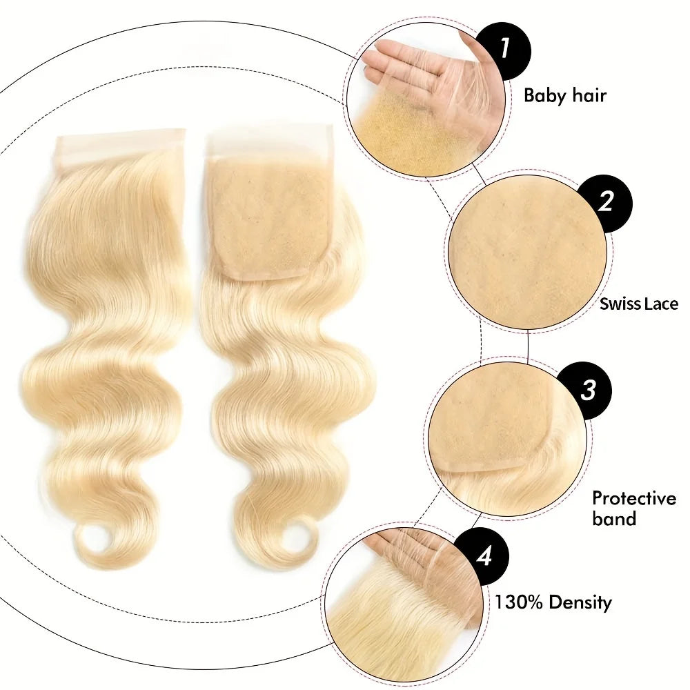 RitzWigs 613 Blonde Body Wave Lace Closure – 4x4 Transparent Swiss Lace, Baby Hair, Brazilian Remy