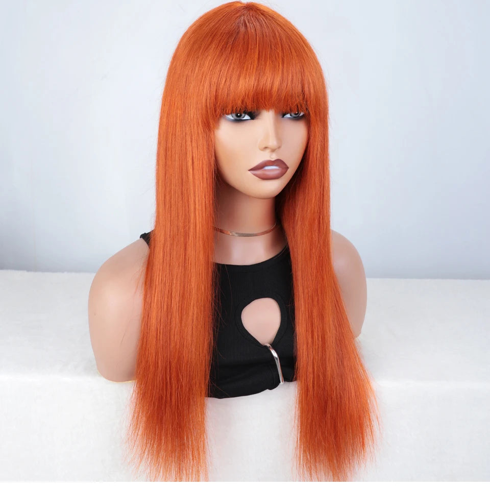 180D 8-28" Ginger Straight Human Hair Wigs With Bangs Full Machine Made Wig Straight Bangs Wigs For Women #Burg Orange Natural