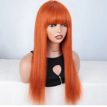 180D 8-28" Ginger Straight Human Hair Wigs With Bangs Full Machine Made Wig Straight Bangs Wigs For Women #Burg Orange Natural