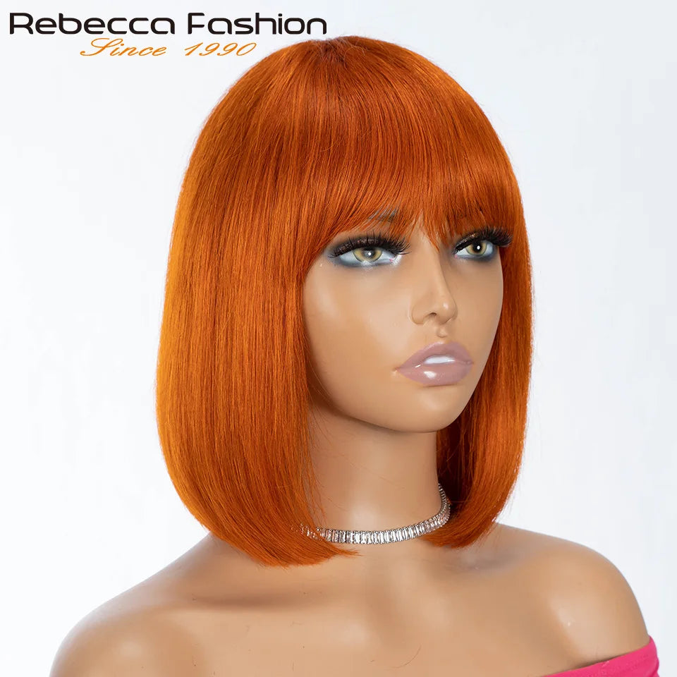 99J Colored Short 180D Straight Brazilian Human Hair Bob Wigs with Bangs Remy Full Machine Made for Women Hightlight Burgundy