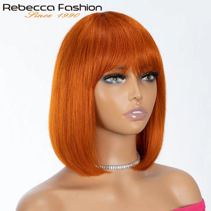 99J Colored Short 180D Straight Brazilian Human Hair Bob Wigs with Bangs Remy Full Machine Made for Women Hightlight Burgundy