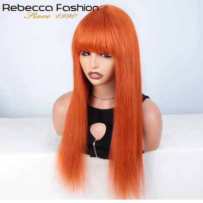 180D 8-28" Ginger Straight Human Hair Wigs With Bangs Full Machine Made Wig Straight Bangs Wigs For Women #Burg Orange Natural