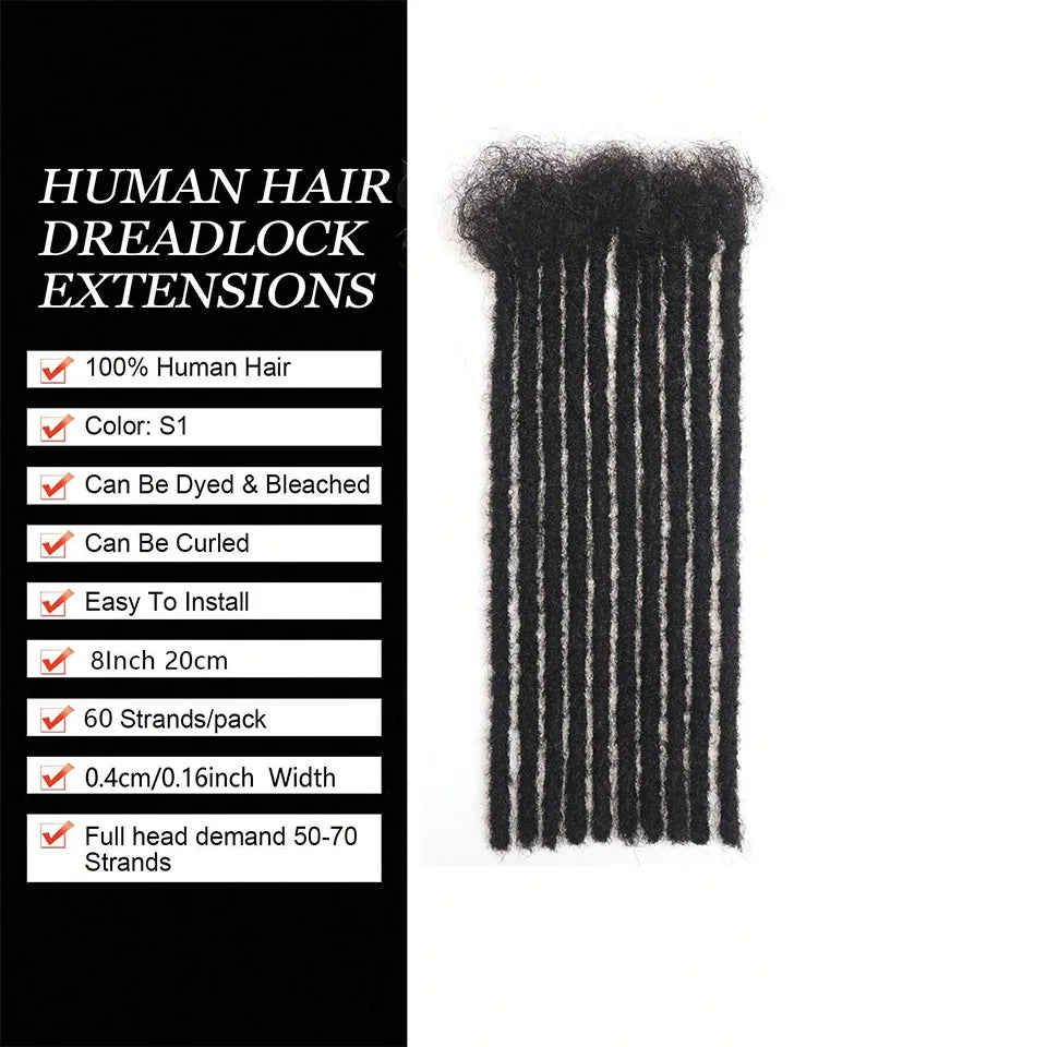 20/40/60 Stands0.6 cm Thickness Options 8-14 Inch 100% Real Colored Human Hair Dreadlock Extensions for Man/Women