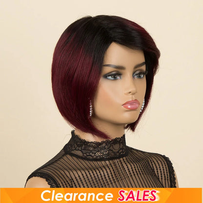 Burgundy 1B/99J Short Pixie Cut Side Part Straight Bob 100% Human Hair Wig For Women Brazilian Remy Hair Color Full Machine Made