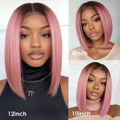 Rebecca Ombre Pink Transparent Short T Lace Bob Human Hair Wigs Peruvian Straight 13x5x1 Lace Front Wig For Women Pre Plucked