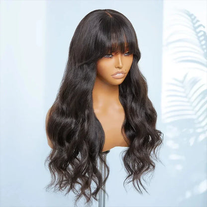 180D 18-24inch Body Wave Human Hair Wigs With Bangs Middle Part Lace Wig For Women Remy Body Wave Wig With Bangs Natural Color