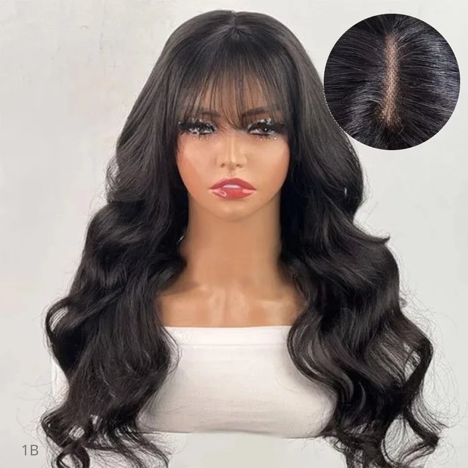 180D 18-24inch Body Wave Human Hair Wigs With Bangs Middle Part Lace Wig For Women Remy Body Wave Wig With Bangs Natural Color
