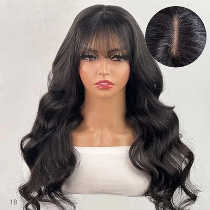 180D 18-24inch Body Wave Human Hair Wigs With Bangs Middle Part Lace Wig For Women Remy Body Wave Wig With Bangs Natural Color