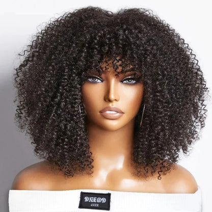 Short Curly Wig With Bangs Put On And Go Human Hair Afro Kinky Curly Wig Glueless Full Machine Made Wig 250 Density Remy Hair