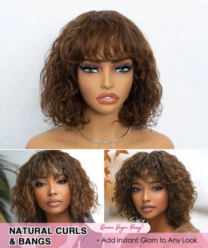 QVR Kinky Curly Human Hair Wig with Bangs Fluffy Afro Curly Bob Wig for Women Wear and Go Glueless Curly Wigs for Black Women