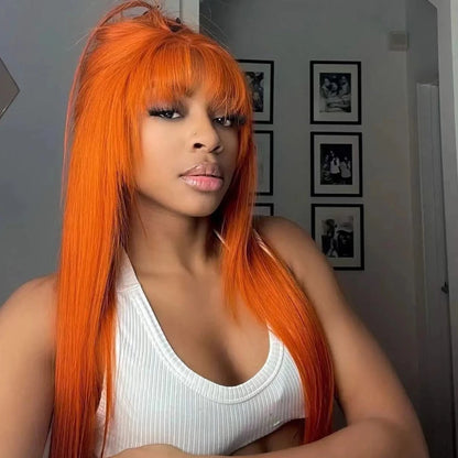 180D 8-28" Ginger Straight Human Hair Wigs With Bangs Full Machine Made Wig Straight Bangs Wigs For Women #Burg Orange Natural