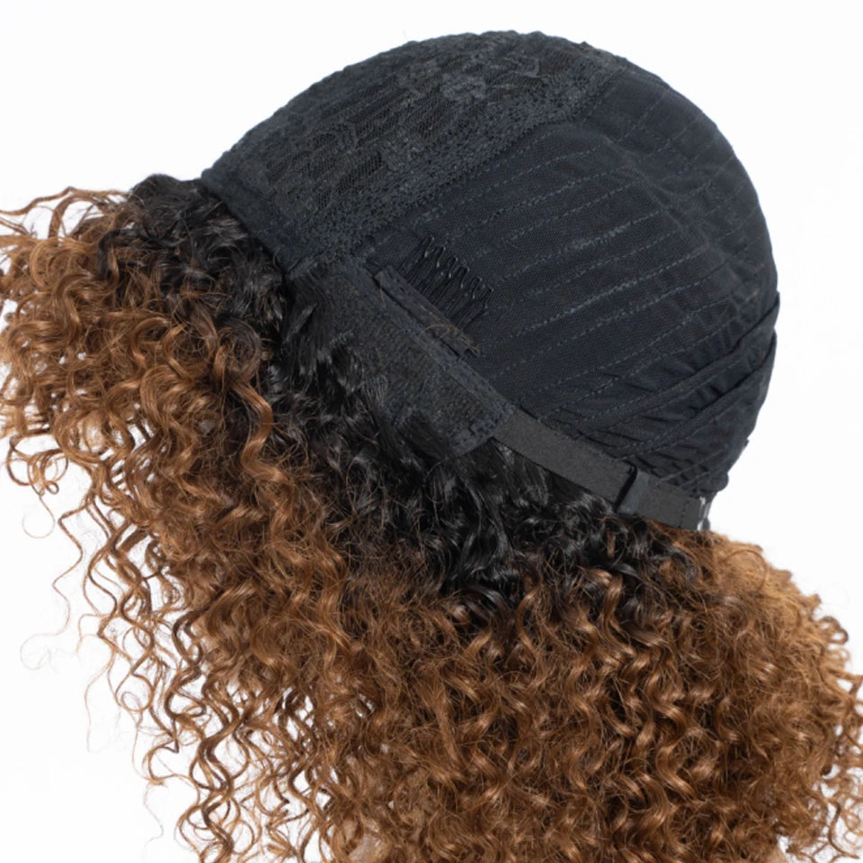 Short Curly Wig With Bangs Put On And Go Human Hair Afro Kinky Curly Wig Glueless Full Machine Made Wig 250 Density Remy Hair