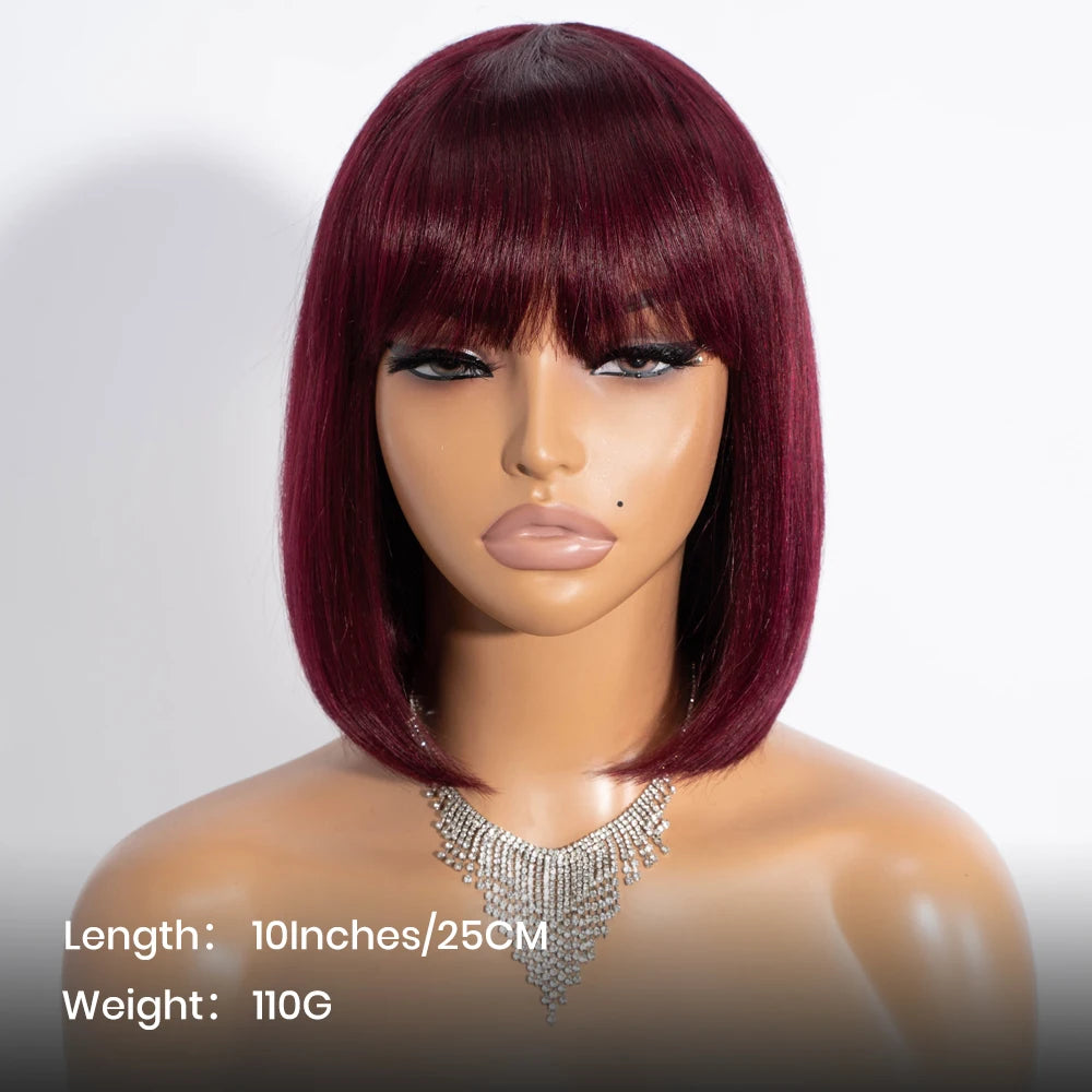 Short Bob Wig with Bangs Straight Human Hair Bob with Bangs Wig 100% Human Hair 180% Density Straight Bang Bob Wig For Women