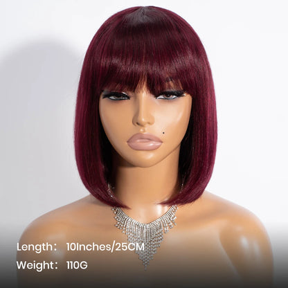 Short Bob Wig with Bangs Straight Human Hair Bob with Bangs Wig 100% Human Hair 180% Density Straight Bang Bob Wig For Women