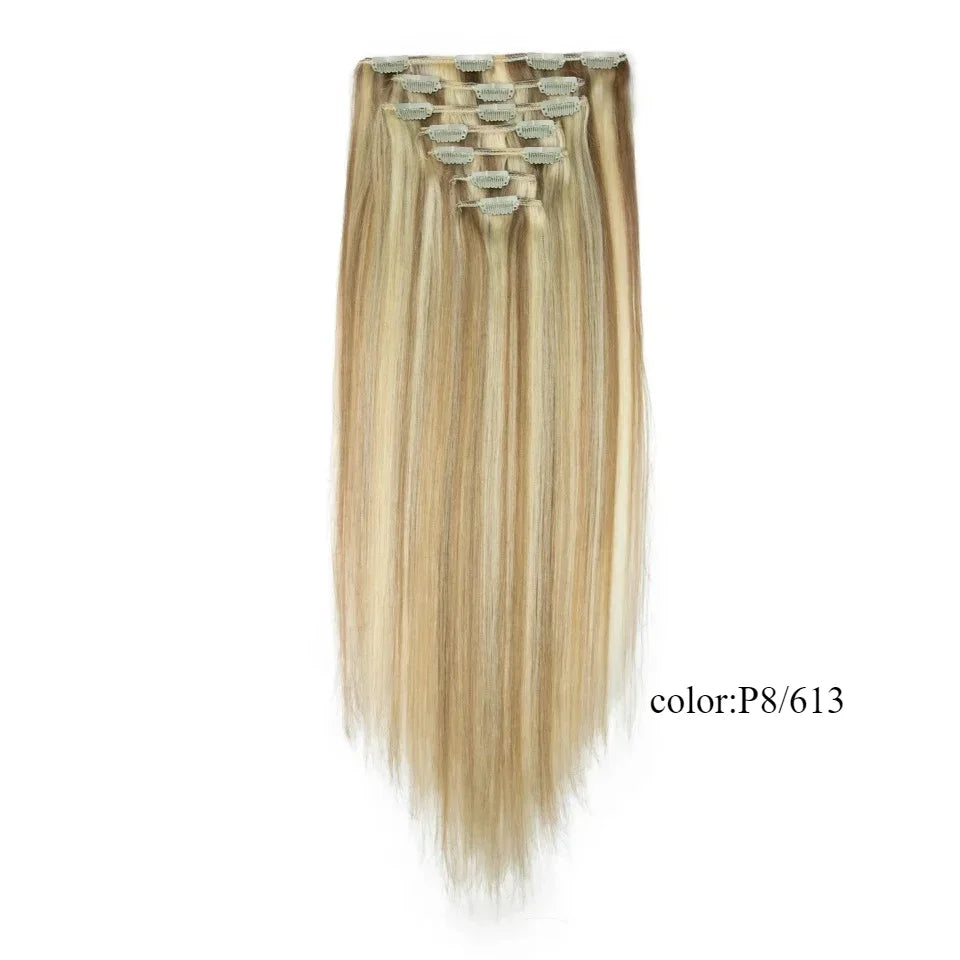 Clip In Hair Extensions Human Hair Clip In For Women Straight Double Weft Hair Extensions 7pcs/Set P4/27 Brown Honey Blonde 613