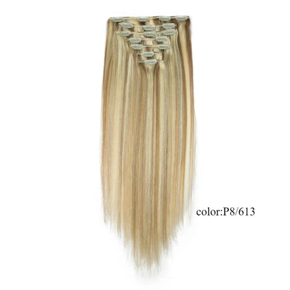 Clip In Hair Extensions Human Hair Clip In For Women Straight Double Weft Hair Extensions 7pcs/Set P4/27 Brown Honey Blonde 613
