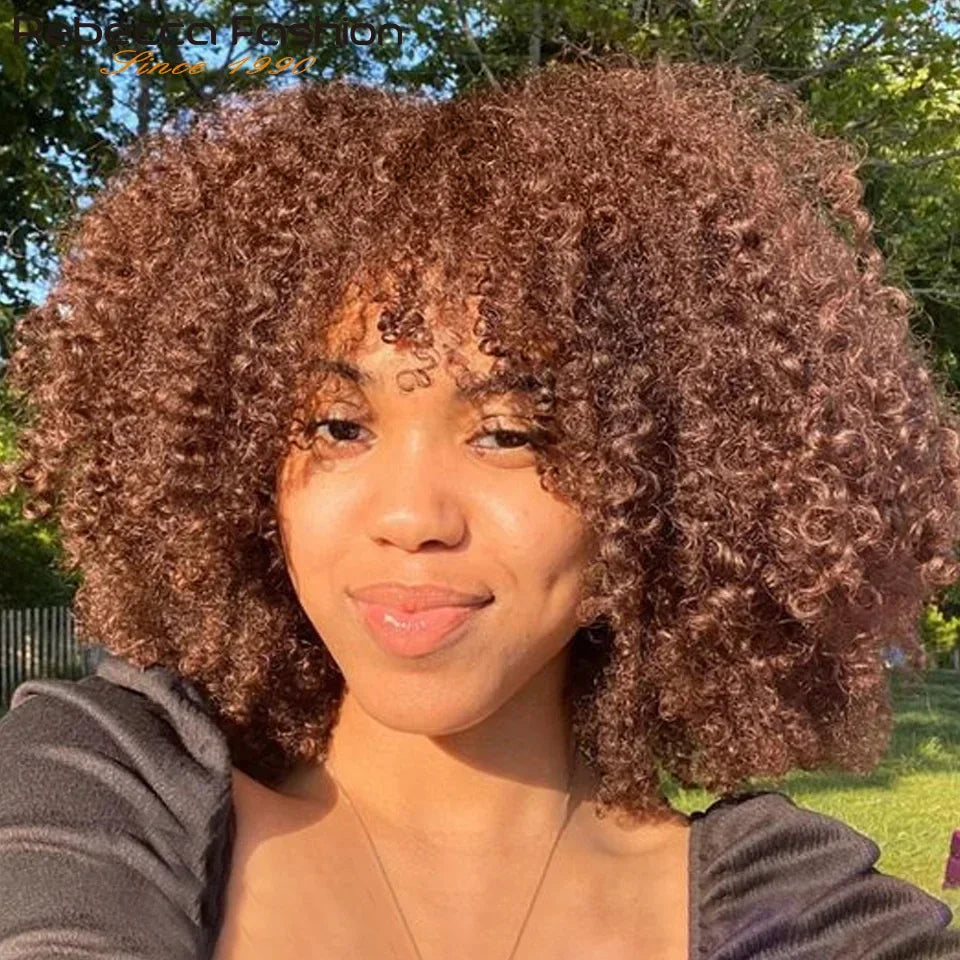 Short Curly Wig With Bangs Put On And Go Human Hair Afro Kinky Curly Wig Glueless Full Machine Made Wig 250 Density Remy Hair