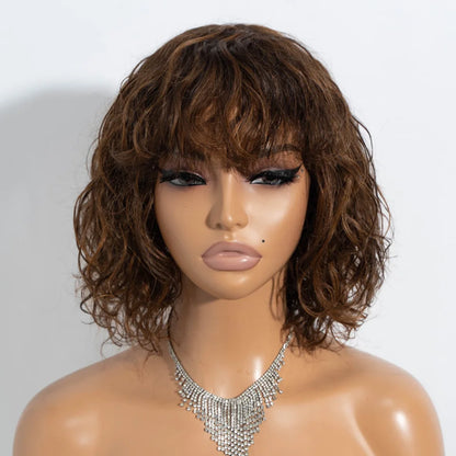 Highlight P4/30 Short Curly Human Hair Wig Cute Bob Wig Wear and Go Glueless Wigs Brazilian Remy Hair Water Wave Natural Looking