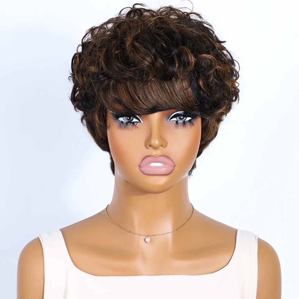 Rebecca Brown P1B/30 Short Pixie Cut Curly 100% Human Hair Wig For Women Brazilian Remy Hair Colored Side Part Full Machine Wigs