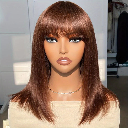 Reddish Brown Straight Bob Wigs Glueless Human Hair Wigs With Bangs Middle Part Bob Lace Wigs Realistic Scalp Beginner Friendly