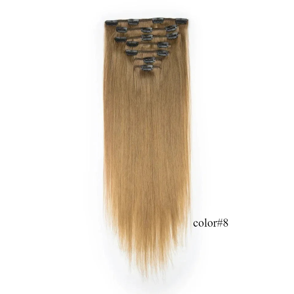 Clip In Hair Extensions Human Hair Clip In For Women Straight Double Weft Hair Extensions 7pcs/Set P4/27 Brown Honey Blonde 613