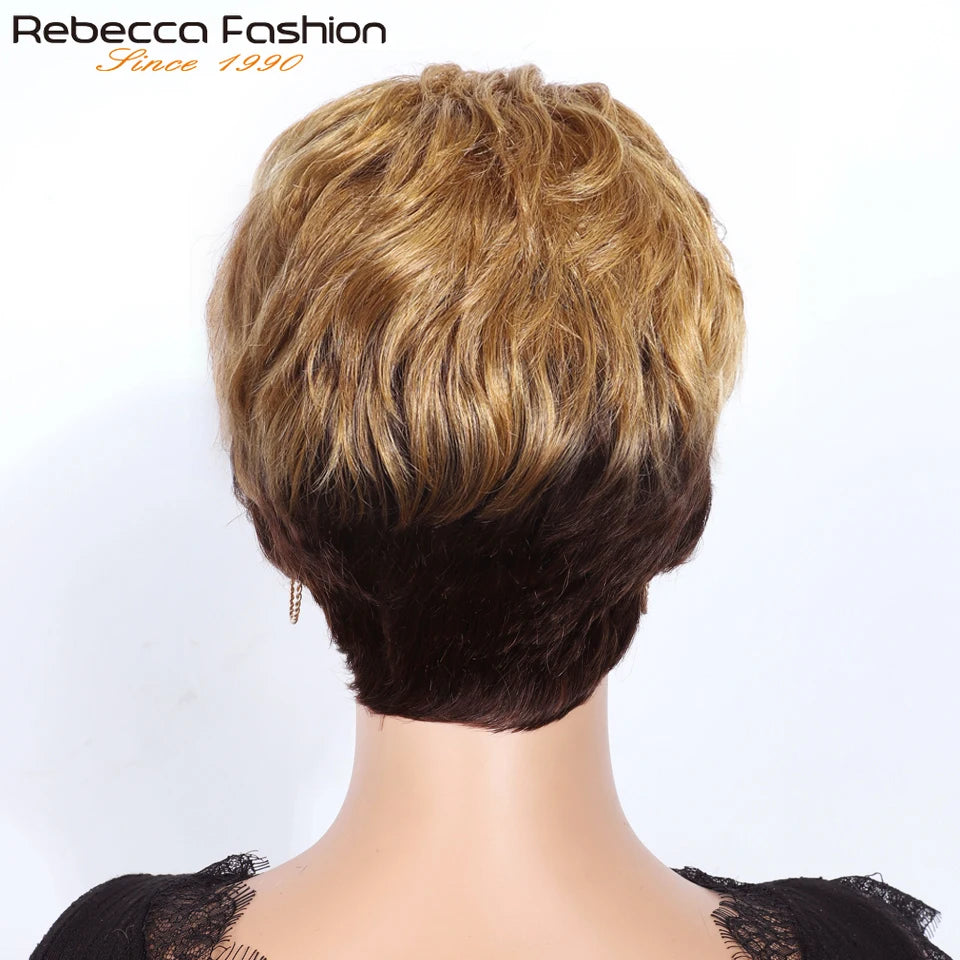 Rebecca Ombre Blonde Short Pixie Cut Slicked Back Bob Lace Front 100% Human Hair Wig For Women Brazilian Remy Hair Daily Wigs