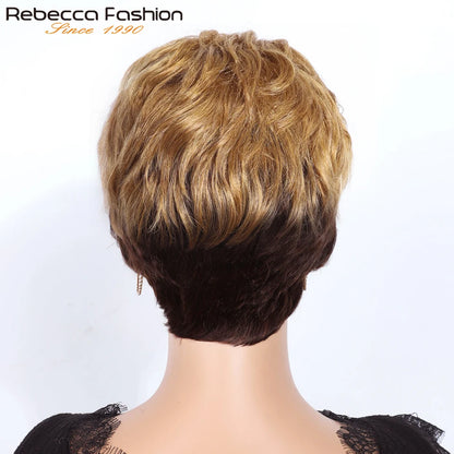 Rebecca Ombre Blonde Short Pixie Cut Slicked Back Bob Lace Front 100% Human Hair Wig For Women Brazilian Remy Hair Daily Wigs