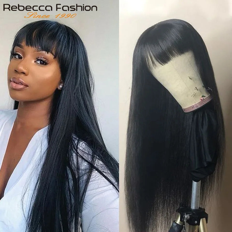 Reddish Brown Bangs Wigs Human Hair Wig Easy Brown Straight Human Hair Wigs with Bangs Affordable Layer Cut Straight Hair Wigs