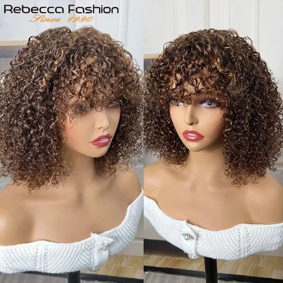 Short Pixie Bob Cut Human Hair Wigs With Bangs Jerry Curly Full Machine Wig Highlight Honey Blonde Colored Wigs For Women