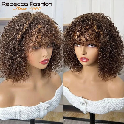 Short Pixie Bob Cut Human Hair Wigs With Bangs Jerry Curly Full Machine Wig Highlight Honey Blonde Colored Wigs For Women