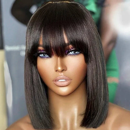 99J Colored Short 180D Straight Brazilian Human Hair Bob Wigs with Bangs Remy Full Machine Made for Women Hightlight Burgundy