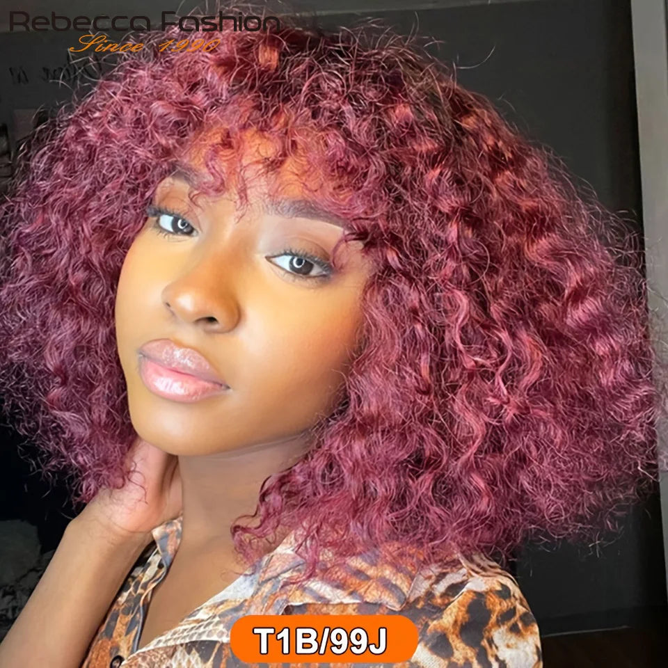Short Pixie Bob Cut Human Hair Wigs With Bangs Jerry Curly Full Machine Wig Highlight Honey Blonde Colored Wigs For Women